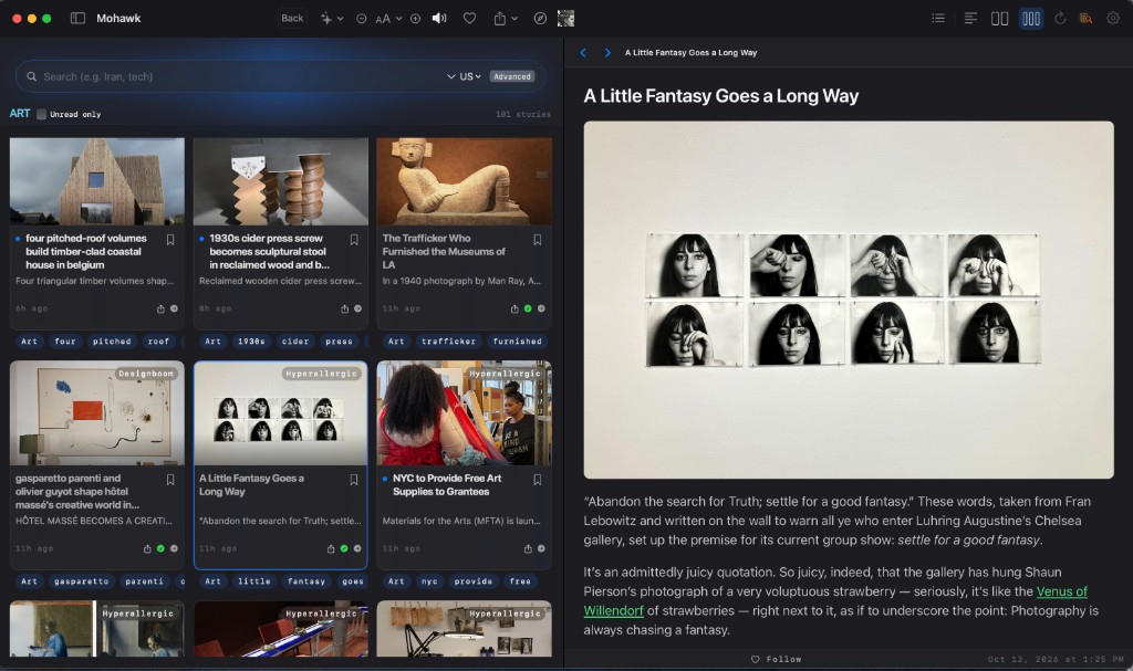 Mohawk in dark mode on the Art desk: story grid on the left, article reader on the right.
