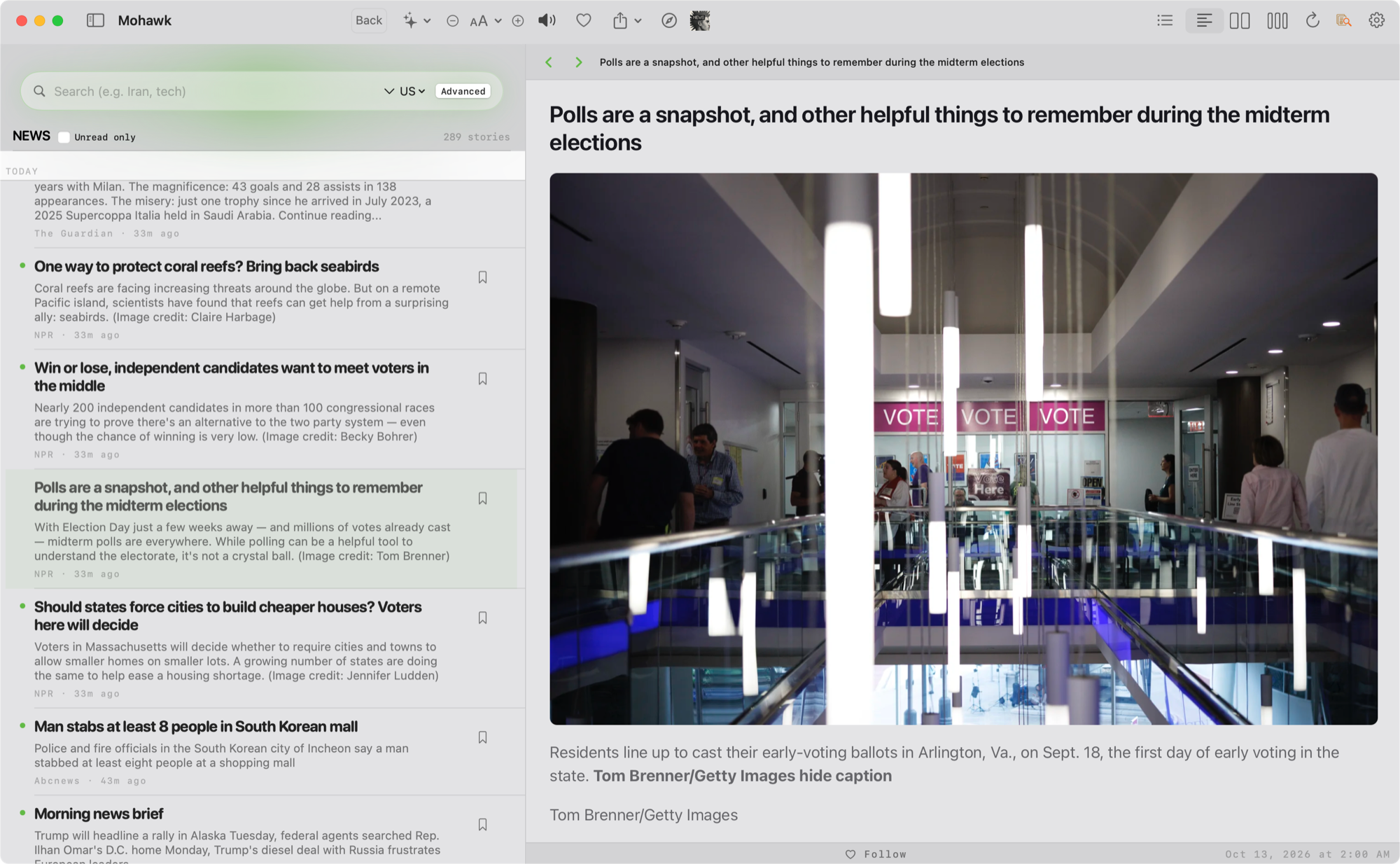 Mohawk News desk, a saved list of stories, and Follow on the open article.